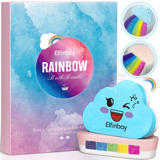 Elfinbay Rainbow Cloud Bath Bombs for Girls, 2 Extra Large Handmade Bath Bombs for Kids Bubble Bath Fizzies, Kids Safe Bath Bombs with Natural Essential Oils, Easter Basket Stuffers Mothers Day Gifts