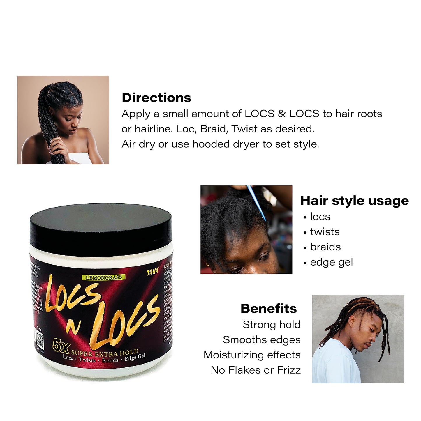 Taha Locs & Locs Gel - 5X Super Extra Hold, Natural & Non-Damaging for Locs, Braids, Twists - 16 Oz (Lemongrass, 1 Pound(Pack of 1))