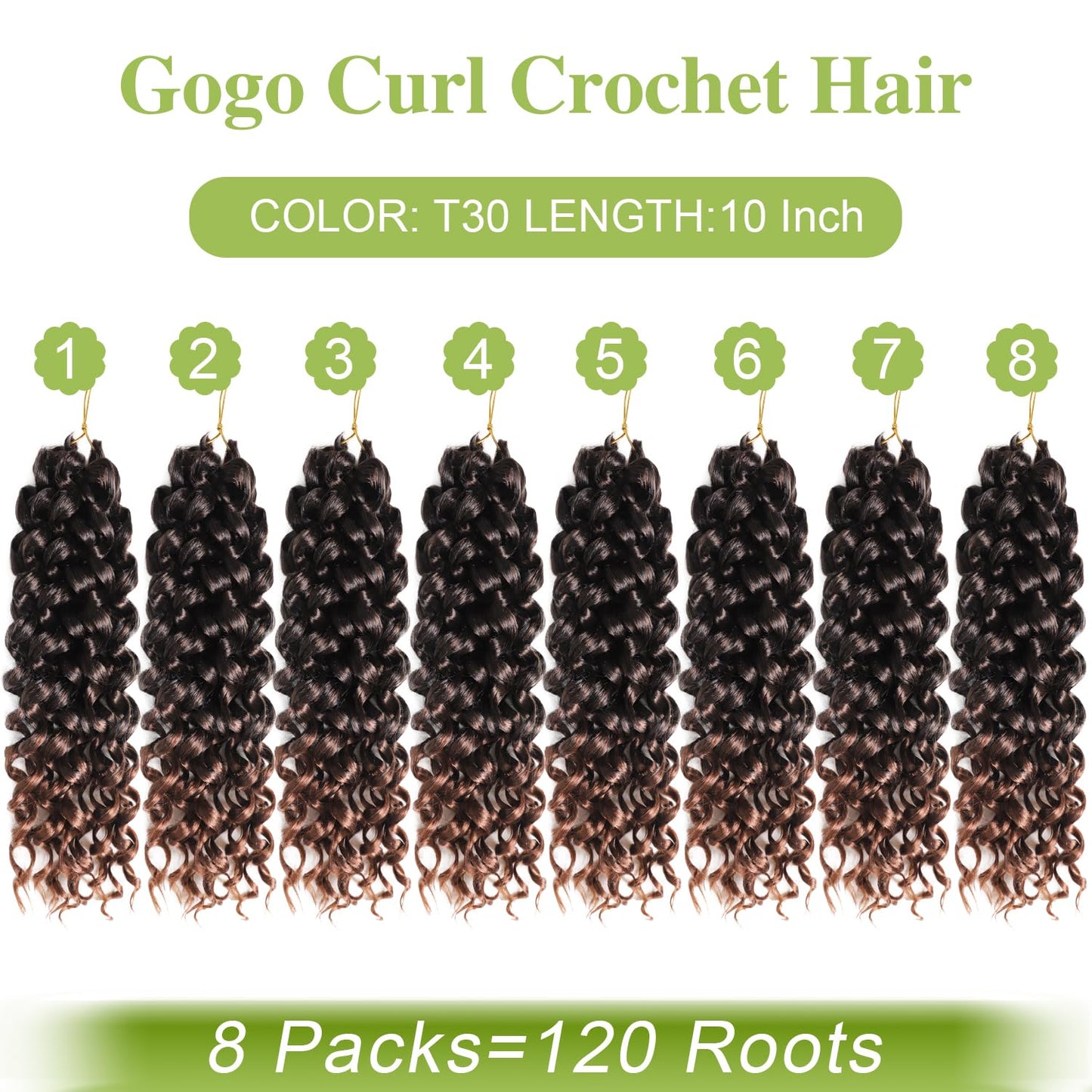 VIOLET 10Inch Gogo Curl Crochet Hair 8Packs Water Wave Crochet Hair Short Beach Curly Crochet Hair for Women Ombre Crochet Hair Extensions(10 Inch, Packs of 8, T30)