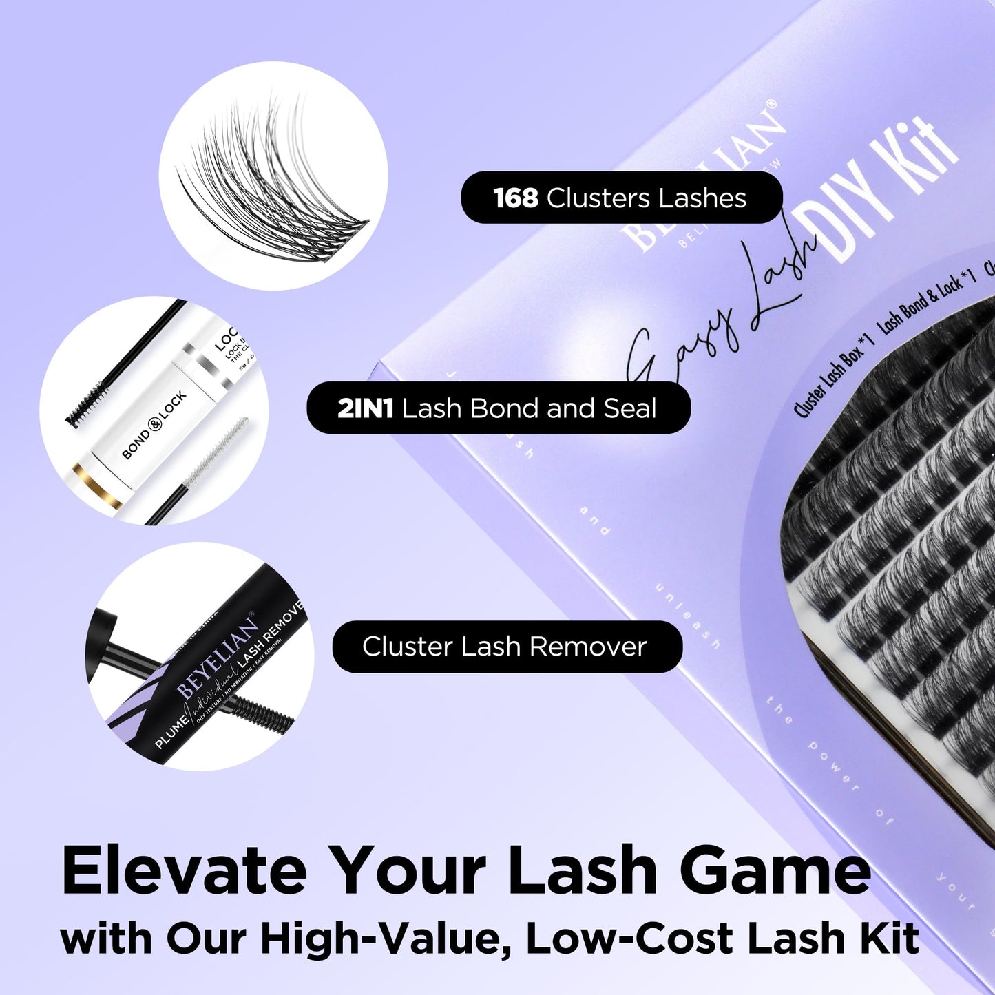 BEYELIAN DIY Lash Extension Kit, Cluster Lashes Kit with 168 Pcs Lash Clusters, Lash Bond and Seal, Lash Remover and Eyelash Applicator for Beginner DIY at Home