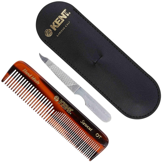 Kent NU19 Gift Set, with OT Fine Tooth/Wide Tooth Pocket Comb for Hair, Mustache and Beard for Men, Women and Kids. Travel Set with Leather Pouch and Stainless Steel Nail File. Handmade in England