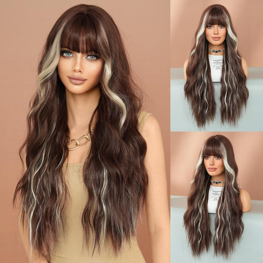 7JHH WIGS Long Curly Brown Wigs with White Blonde Highlight Wigs Natural Heat Resistant Fibre Wet Wave Chocolate Brown Ombre Platinum Women Wigs for Holiday Festival Chrismas Daily Party Daily Used