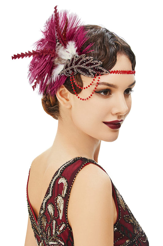 BABEYOND 1920s Headpiece Flapper Headband - Roaring 20's Sequined Showgirl Hair Band with Feather (Wine Red)