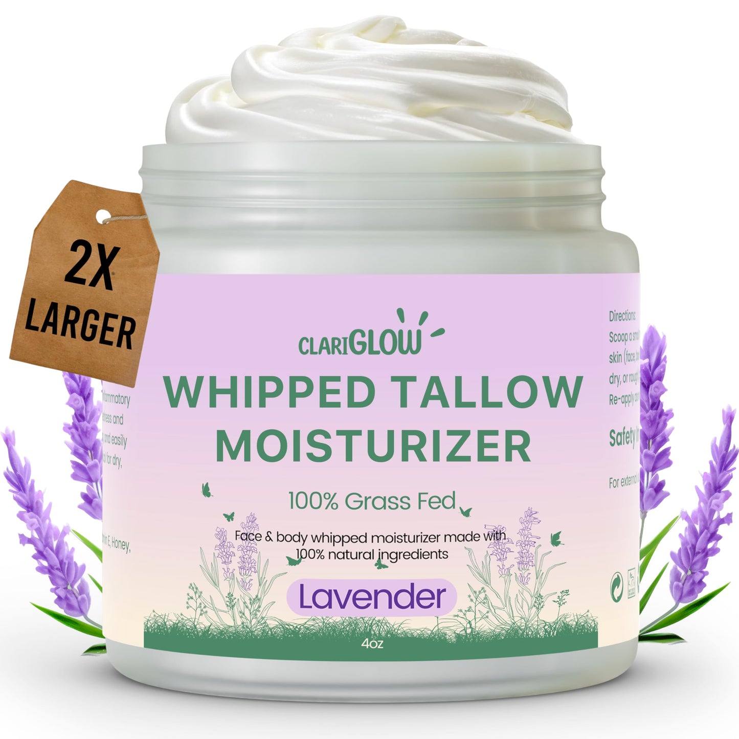 Clariglow Whipped Beef Tallow Moisturizer | Beef Tallow Balm for Skin and Face | Face Cream and Body Lotion | 4 oz | 100% Grass Fed Organic Tallow Lotion with Honey & Lavender