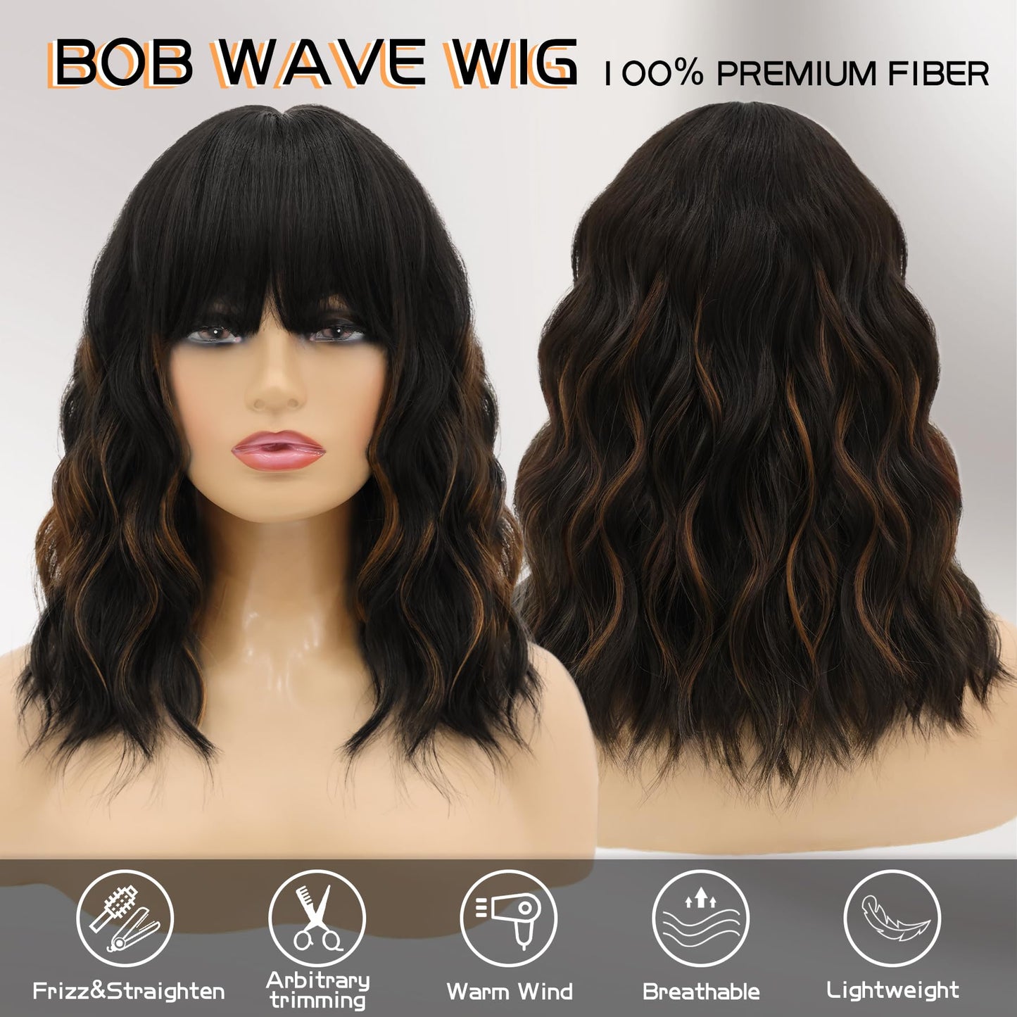 MOSINA Bob wig with Bangs for Women,Black mixed with dark brown Wig,14" synthetic bob wigs,Heat Resistant Fiber Wig,Suitable for work, parties and other occasions Use……