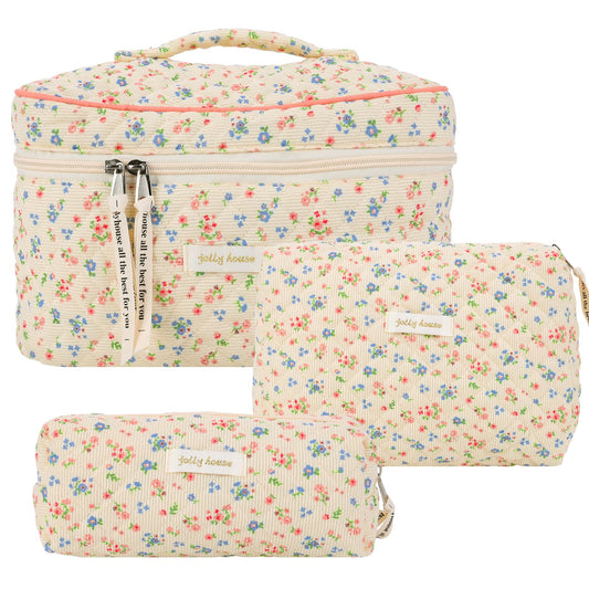 Juoxeepy Quilted Makeup Bag Floral Cotton Cosmetic Bag Jolly House Toiletry Bag Coquette Aesthetic Makeup Bag Cosmetic Pouch Bag