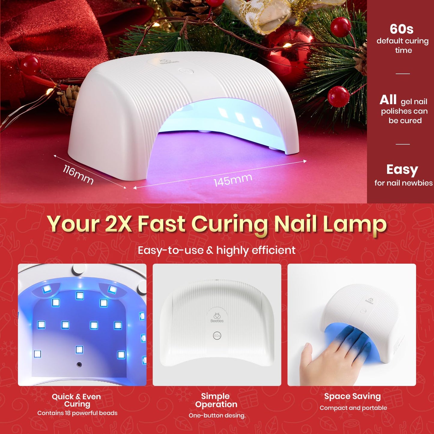 Beetles 20 Pcs Gel Nail Polish Kit with U V Light, 6 Holiday Waltz Colors Led Nail Lamp Glitter Red White Gel Nail Polish Set Starter Kit Manicure Soak off Salon DIY Home Nail Decoration