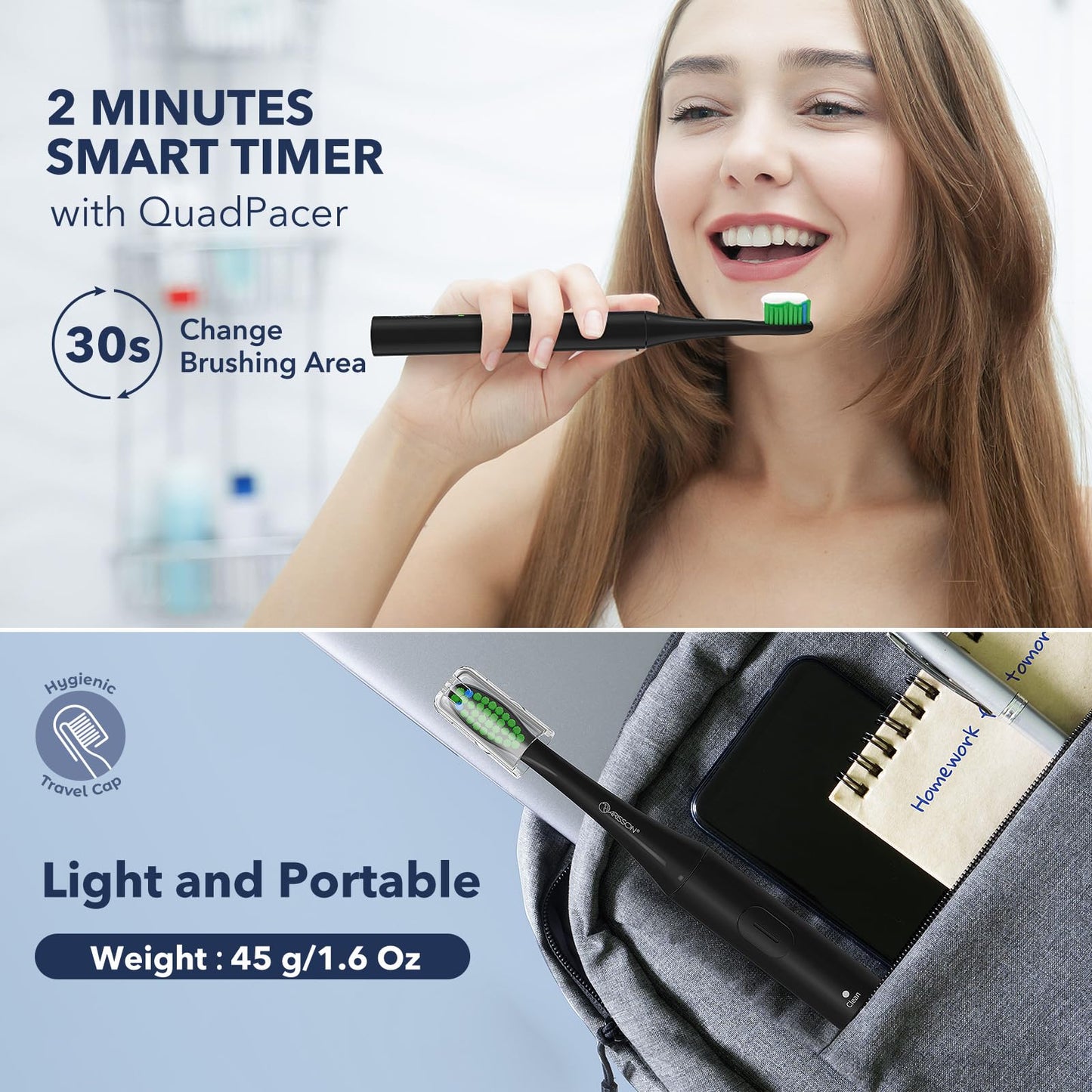 ARISSON Sonic Electric Toothbrush for Adults and Kids, 1.5H Charge for 90 Days, 40,000 VPM Power Toothbrush, Ultrasonic Electric Toothbrushes, 2 Minutes Smart Timer, 1.6 Oz Travel Toothbrush, Black