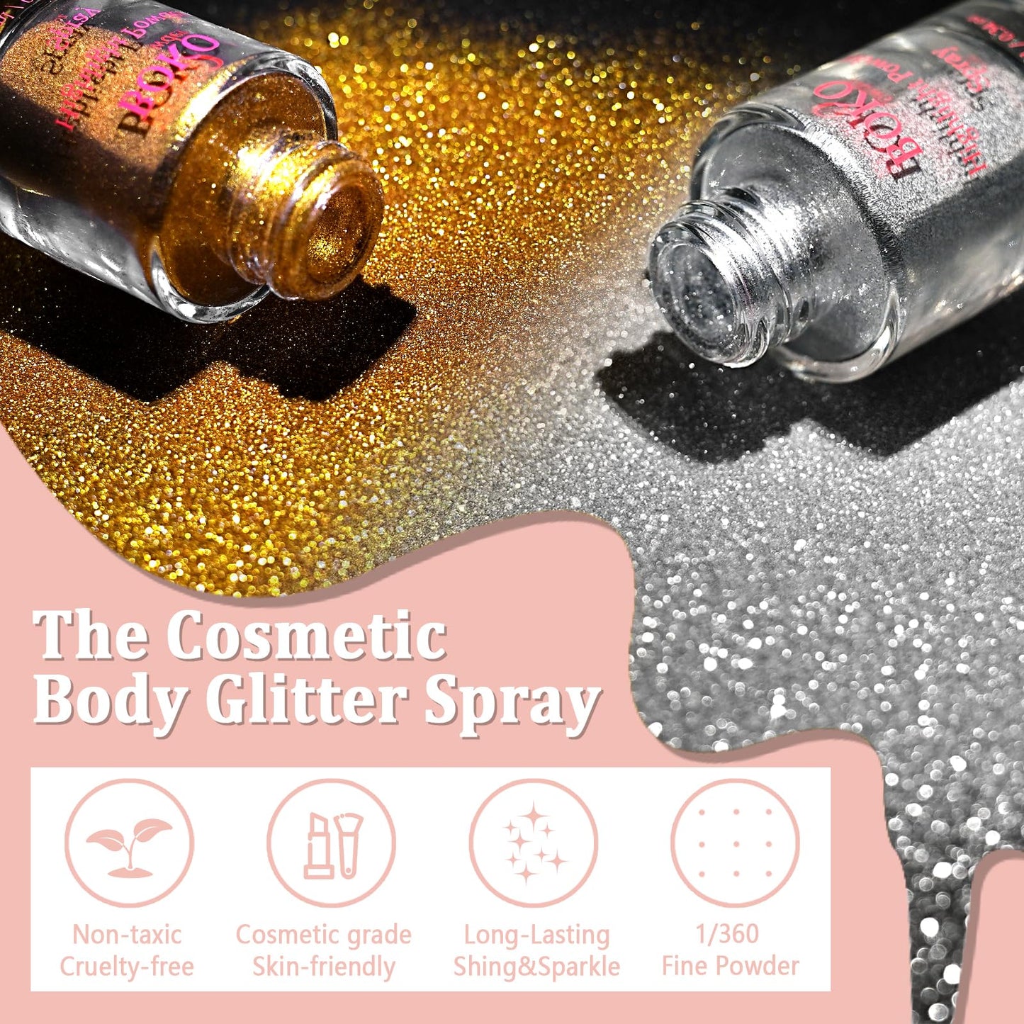 Boko Body Glitter Spray, 2Pcs Glitter Hair Spray Long-Lasting Body Shimmer Powder Sparkle Highlighter Makeup Festival Rave Accessories for Women Clothes Face Hair Nails- Fairy Flame