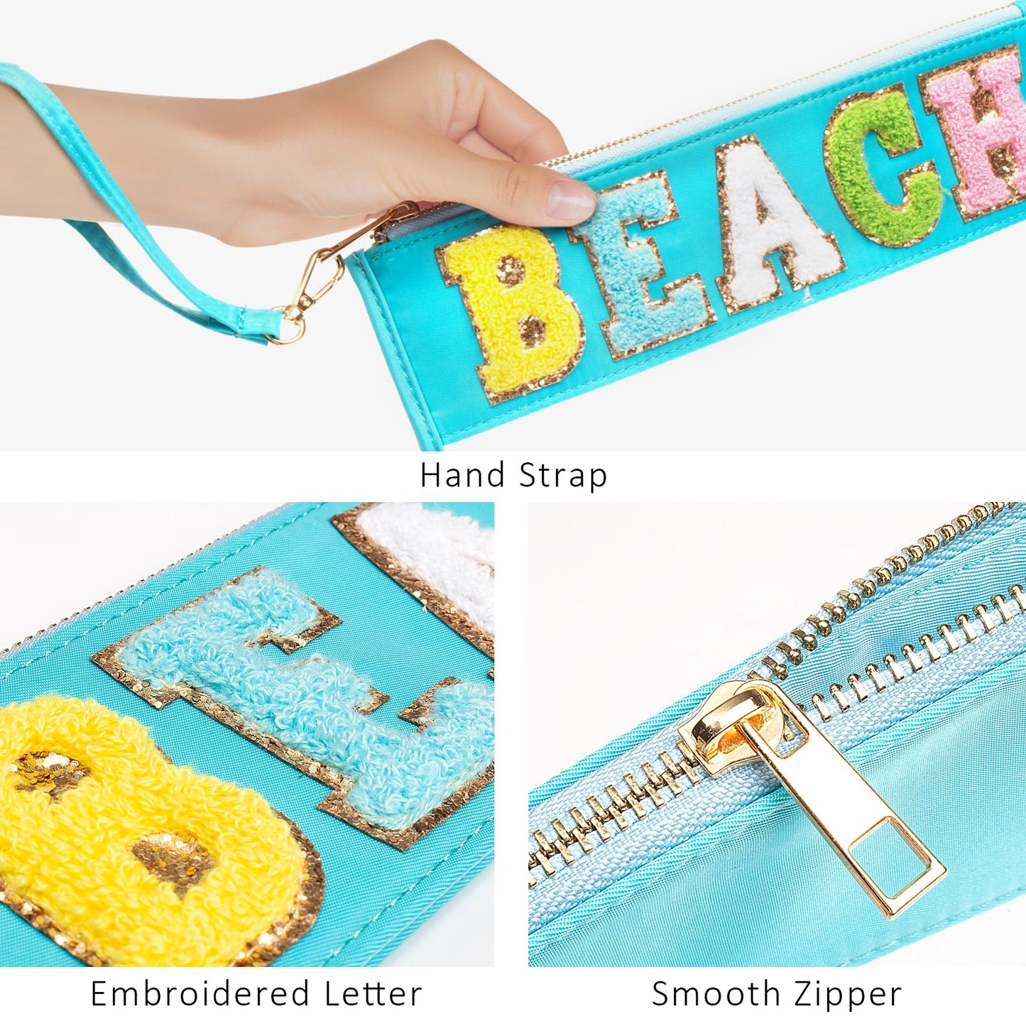 Letter Clear Makeup Bag Pouch for Travel with Zipper Wristlet,Clear Cosmetic Bag for Women Waterproof Snacks Bag Stadium Purse Toiletry Bag (Blue-Beach)