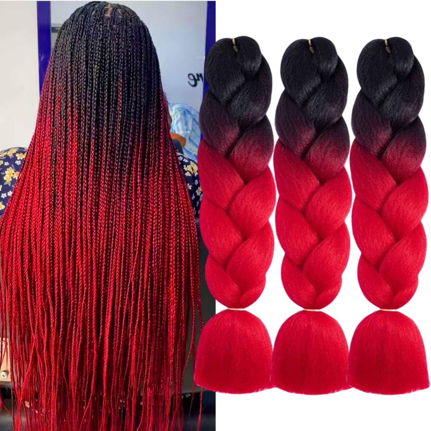 FYRLNA 3 Packs 24 Inch Jumbo Braiding Hair Soft High Temperature Resistance Synthetic Hair Extensions for Women 24 Inch Ombre Jumbo Braiding Hair Twist Crochet Braids Hair (24 Inch (Pack of 3), black to red)