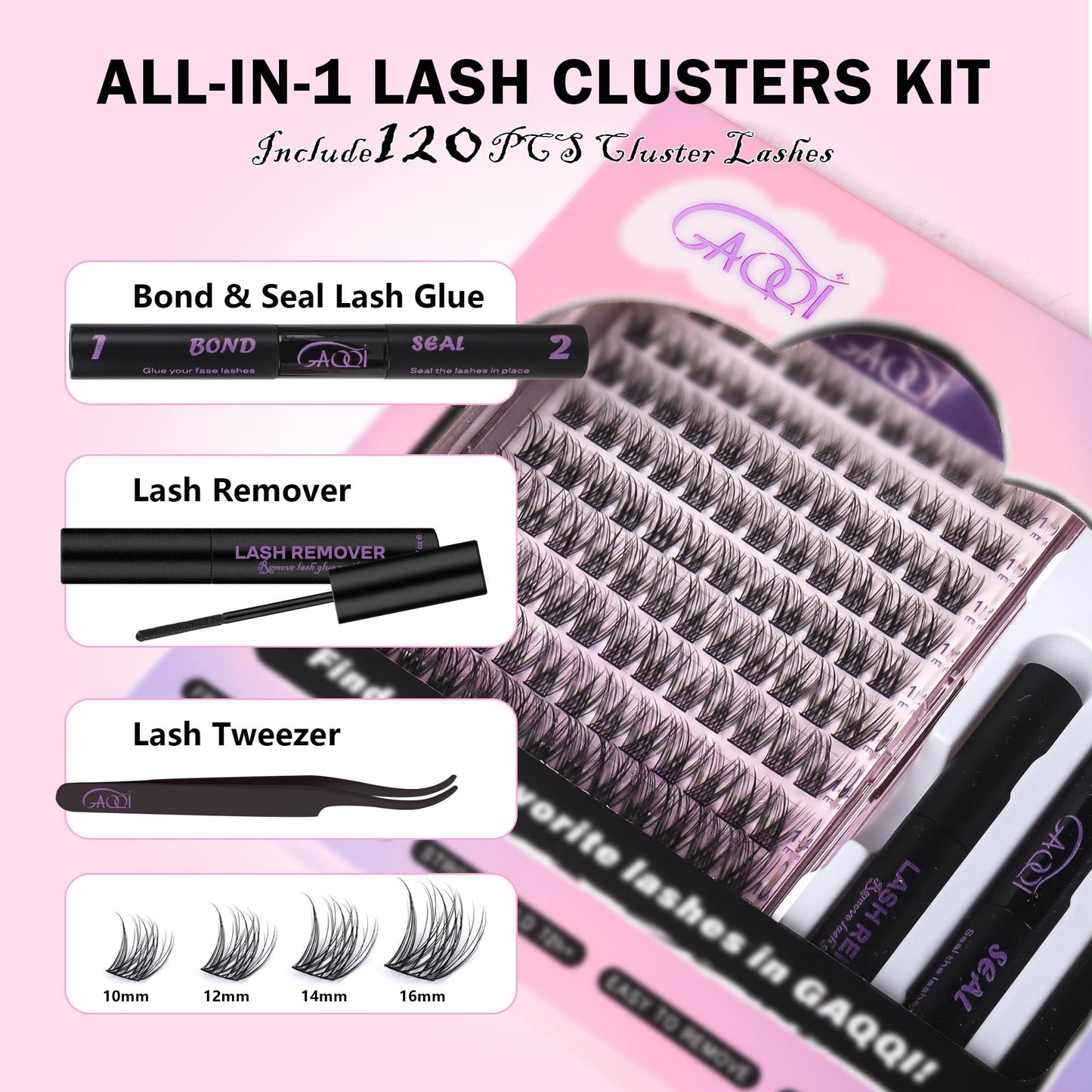 GAQQI Lash Clusters Kit, DIY Lash Extension Kit 120PCS Cluster Lashes D Curl, Wispy Eyelash Clusters 10-16MM with Lash Bond and Seal,Lash Remover and Lash Applicator (GQ15-D CURL-KIT)