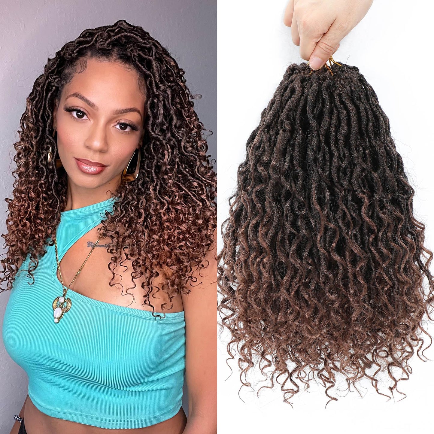 Col Bling Ombre Goddess Locs Crochet Hair 10 Inch, 8 Packs Faux Locs Crochet Hair Pre Looped for Women, Boho Crochet Locs with Curly Ends 10Inch 1B/30#