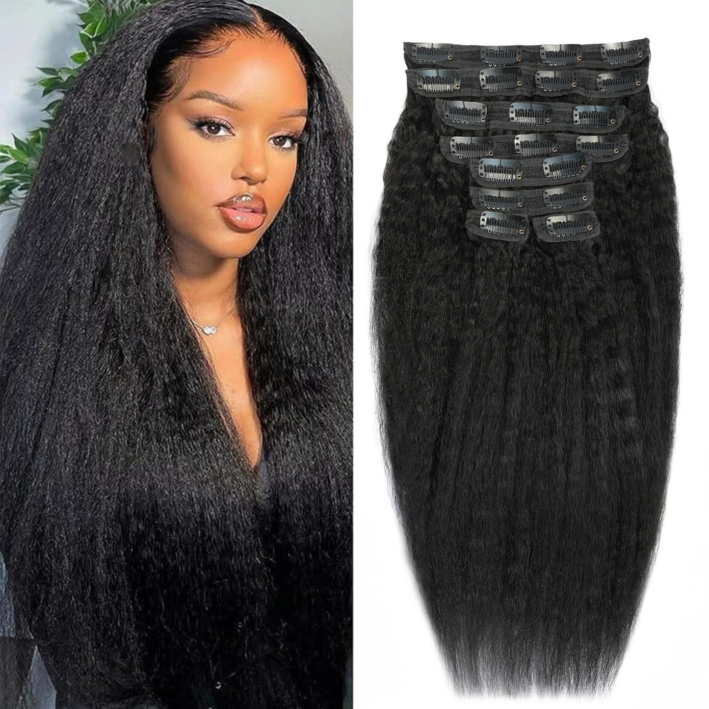 CALNESHIA 20 Inch Kinky Straight Clip in Hair Extensions Real Human Hair Yaki Straight Clip Ins Human Hair Extension Seamless Clip ins for Black Women 8Pcs 100g 20Clips Natural Black