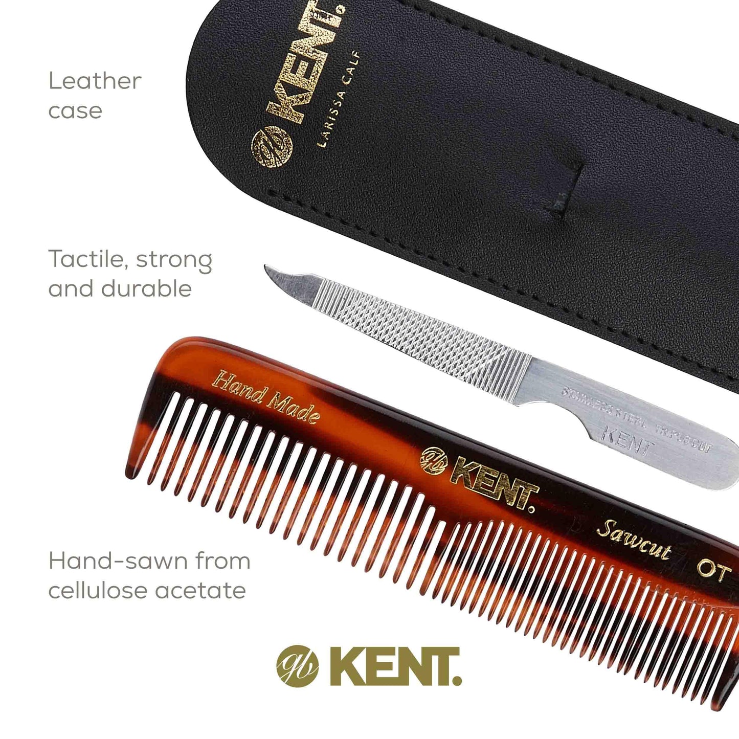 Kent NU19 Gift Set, with OT Fine Tooth/Wide Tooth Pocket Comb for Hair, Mustache and Beard for Men, Women and Kids. Travel Set with Leather Pouch and Stainless Steel Nail File. Handmade in England