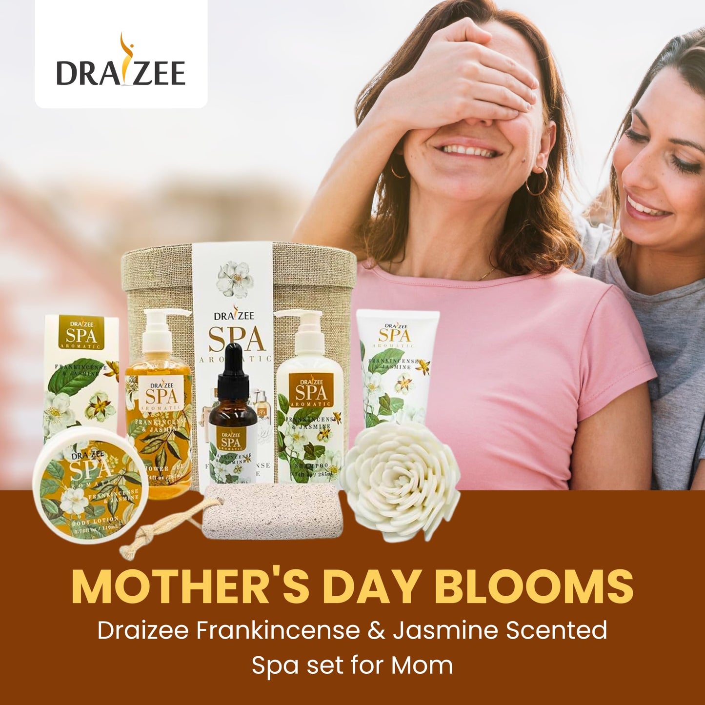 Gifts for Mom - Spa Basket For Women 9 Pcs Frankincense & Jasmine Scented Relaxation Set Includes Bath and Body Lotion & Butter, Shower Gel, Bubble Bath, Oil - Mother's Day Gifts Basket by Draizee