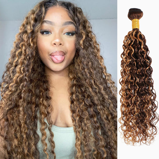 Water Wave Human Hair Bundles Ombre Honey Blonde Curly Bundles, Glossy & Shed-free P4/27 Highlighted Wet And Wavy Human Hair Bundles Weave Brown Piano Color 10A 100% Virgin Hair Single Bundle 18 Inch