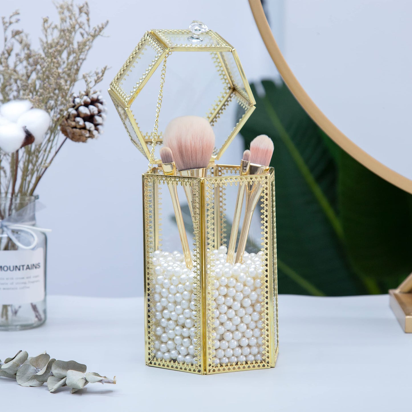 Glass Makeup Brush Holder with Lid Organizer Vintage Cosmetic Hexagonal Display Cases Brush Storage with Free White Pearls - Gold