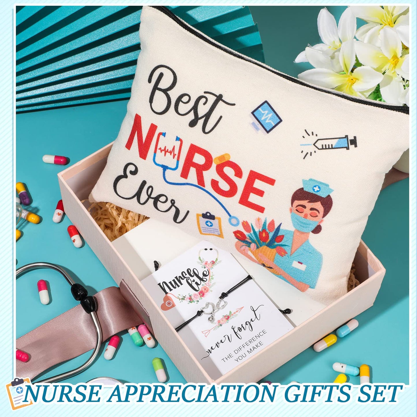 32 Pcs Nurse Appreciation Gift Nurse Week Gifts 16 Nurse Canvas Makeup Cosmetic Bags Survival Kit and 16 Nurse Blessing Card Bracelets, Nurse Practitioner Gift Nurse Christmas Gift for Women (Elegant)