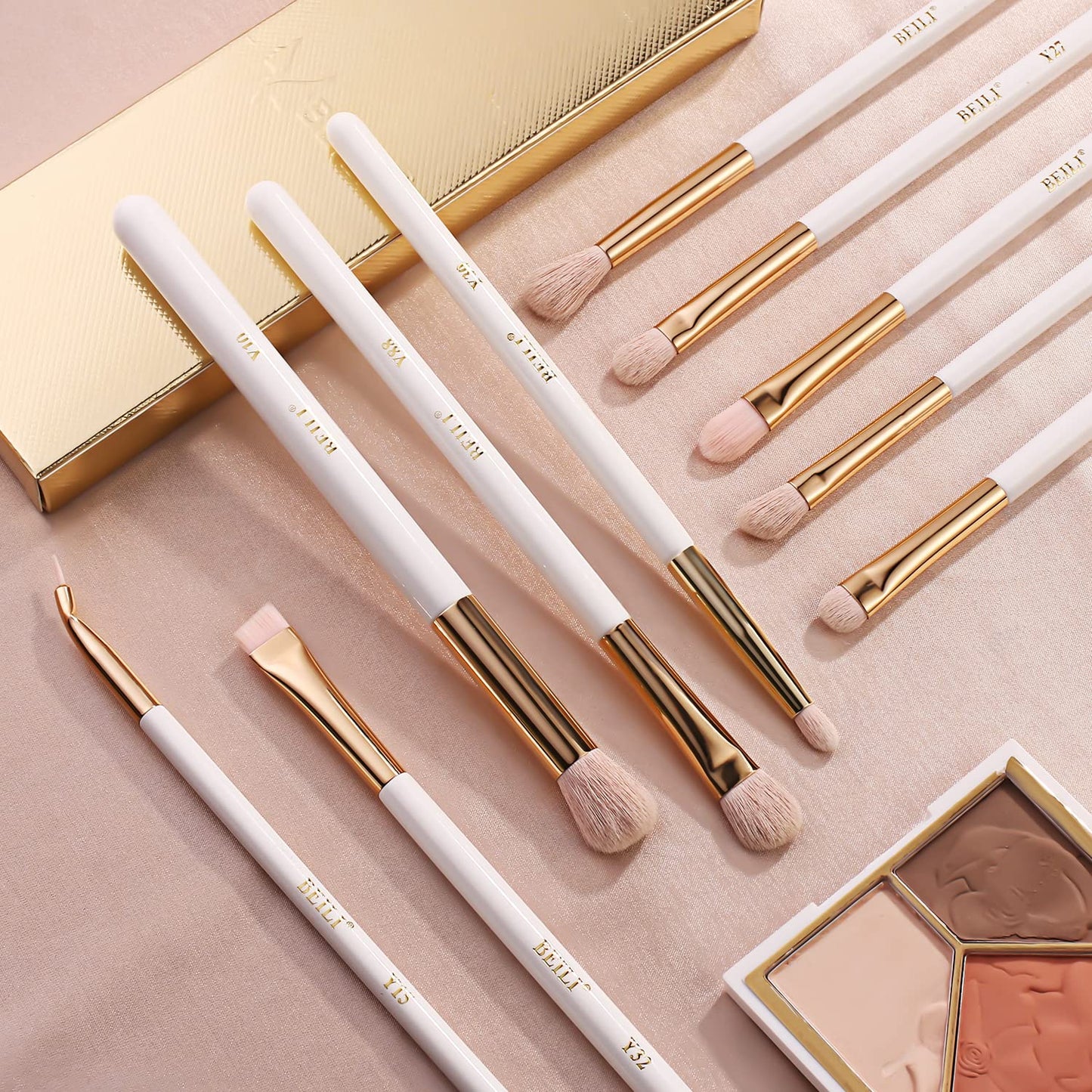 BEILI Eye Makeup Brushes 10Pcs Eyeshadow Brush Set Premium Pink Vegan Synthetic Eye Shadows Blending Concealers Eyebrow Eyeliner Professional Make Up Brushes Set (White/Rose Gold)