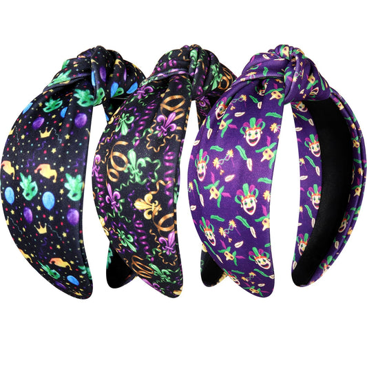 JERTOCLE Mardi Gras Headband for Women Carnival Mask Fleur De Lis Crown Printed Knotted Headband Fat Tuesday Hair Accessories Holiday Gifts (Mardi Gras C)