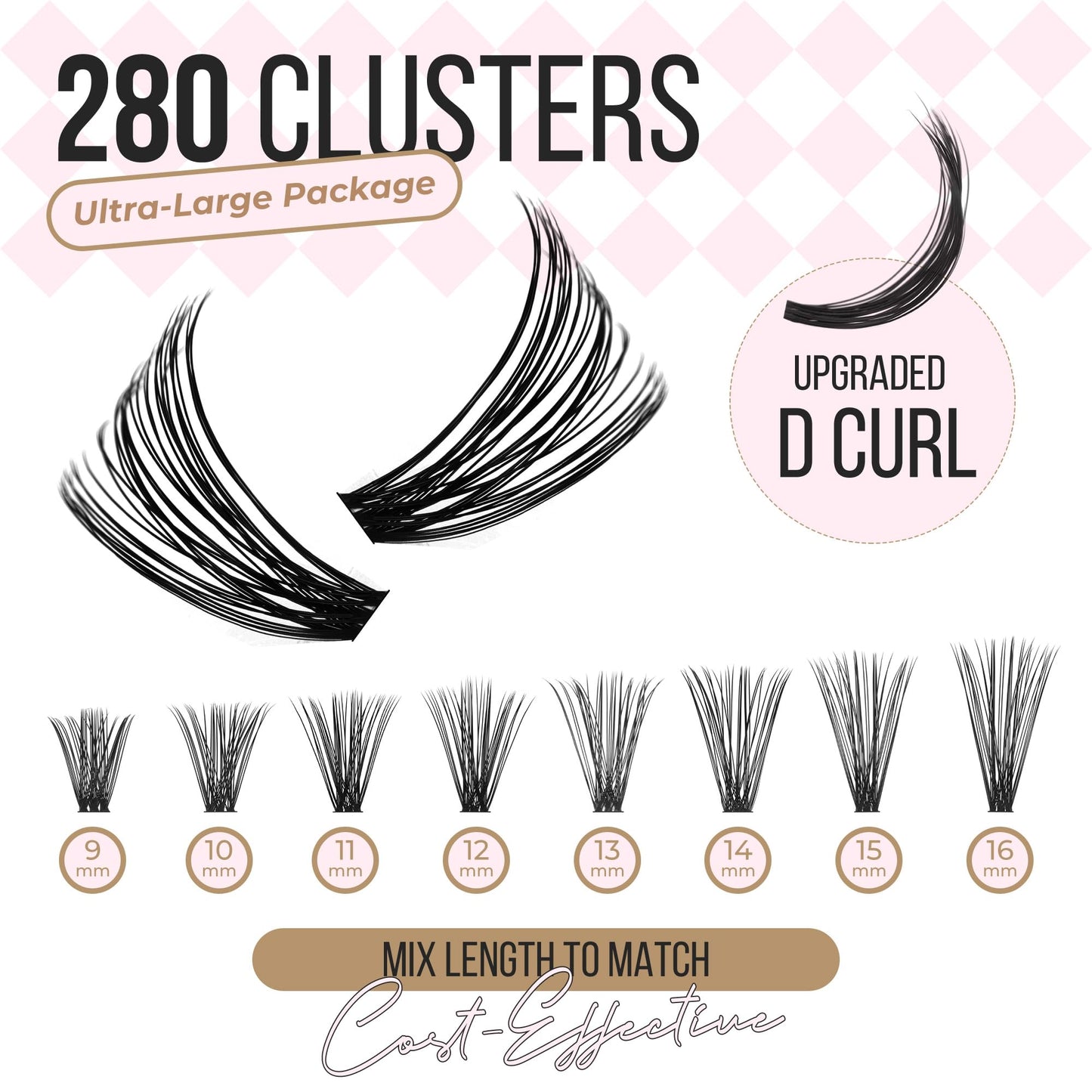 LASHVIEW Lash-Extension-Clusters 280pcs D Curl Lash Clusters Natural Look Cluster Lashes Extensions Super Thin Band & Soft Lashes Reusable 9-16mm MIX (40D)