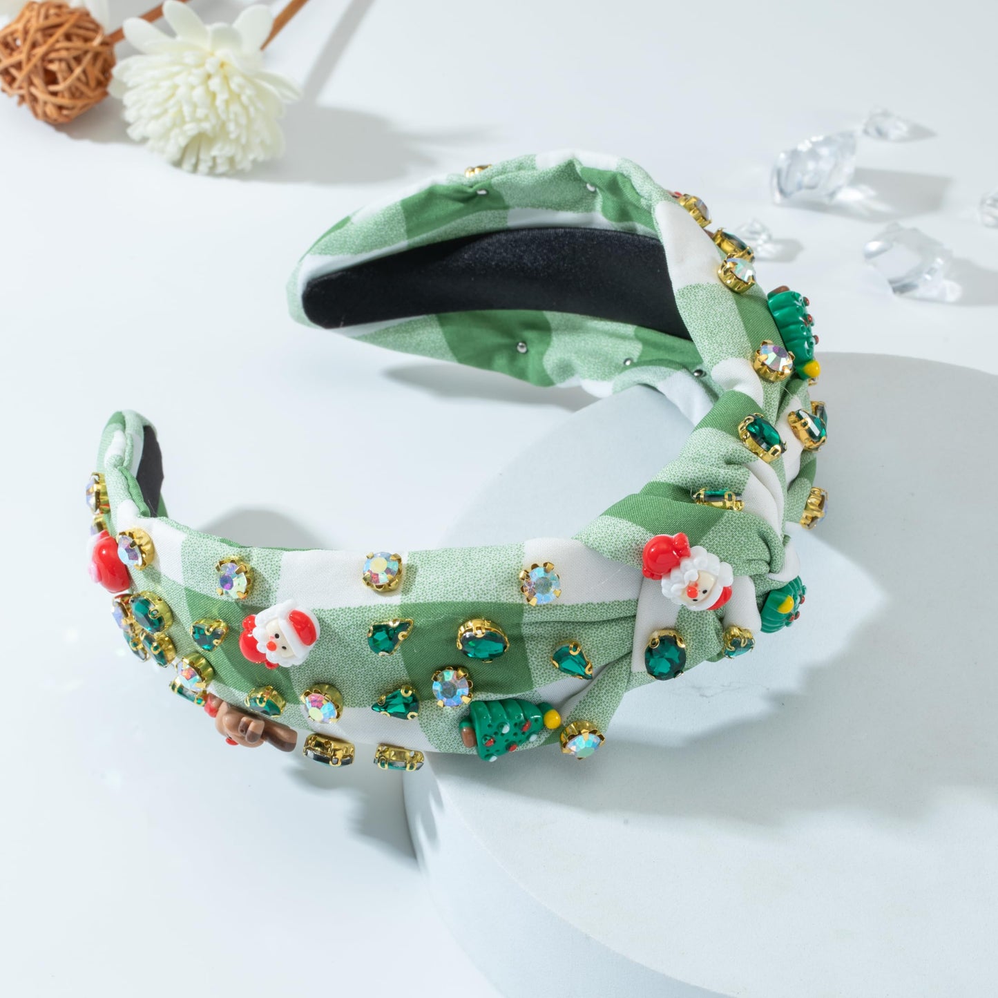 Mixcbe Christmas Jeweled Headband for Women Green Crystal Xmas Tree Reindeer Bulb Santa Embellished Knotted Hairband Xmas Twist Wide Green Hair Band Accessories (stripe-Xmas green)