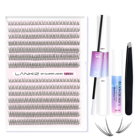 LANKIZ Lash Extension Kit, 574pcs Lash Clusters Kit, 12D Individual Lashes Wispy, Lash Bond & Seal with Lash Remover, 9/10/11/12/13/14/15mm Mix Cluster Lashes, DIY Eyelash Extension Kit at Home