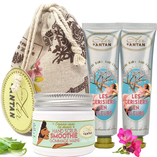 White Elephant Hand Cream Gift Set - 1 Hand Scrub (1.7oz) + 2 Hand Cream for Women (0.8oz each) - Hand Creme with Almond Oil & Shea Butter, Cherry Blossom Scent Hand Balm for Cracked Hands