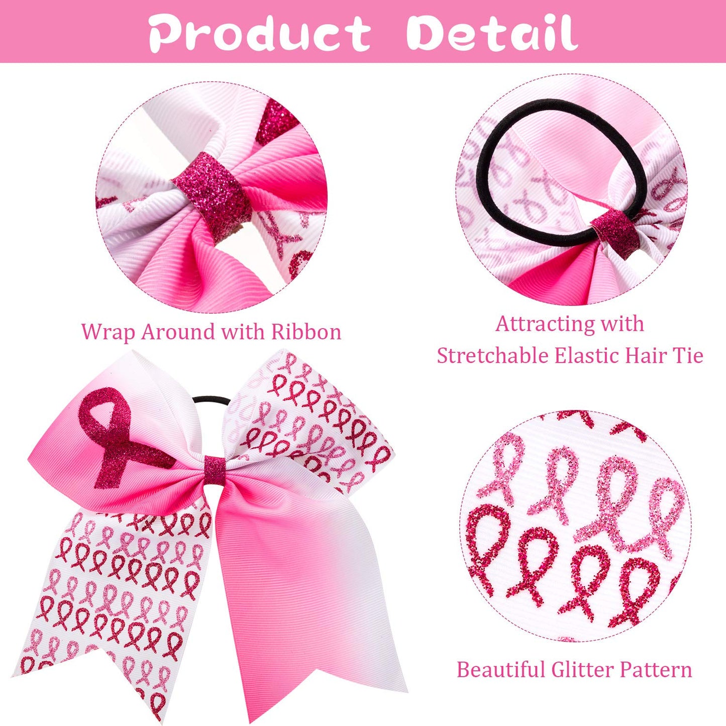 10 Pieces 7 Inch Pink Cheer Bows Breast Cancer Awareness Cheer Hair Bows Ponytail Holder Large Glitter Pink Ribbon Hair Bows Accessories Elastic Band Handmade for Teens Women (Stylish Style)