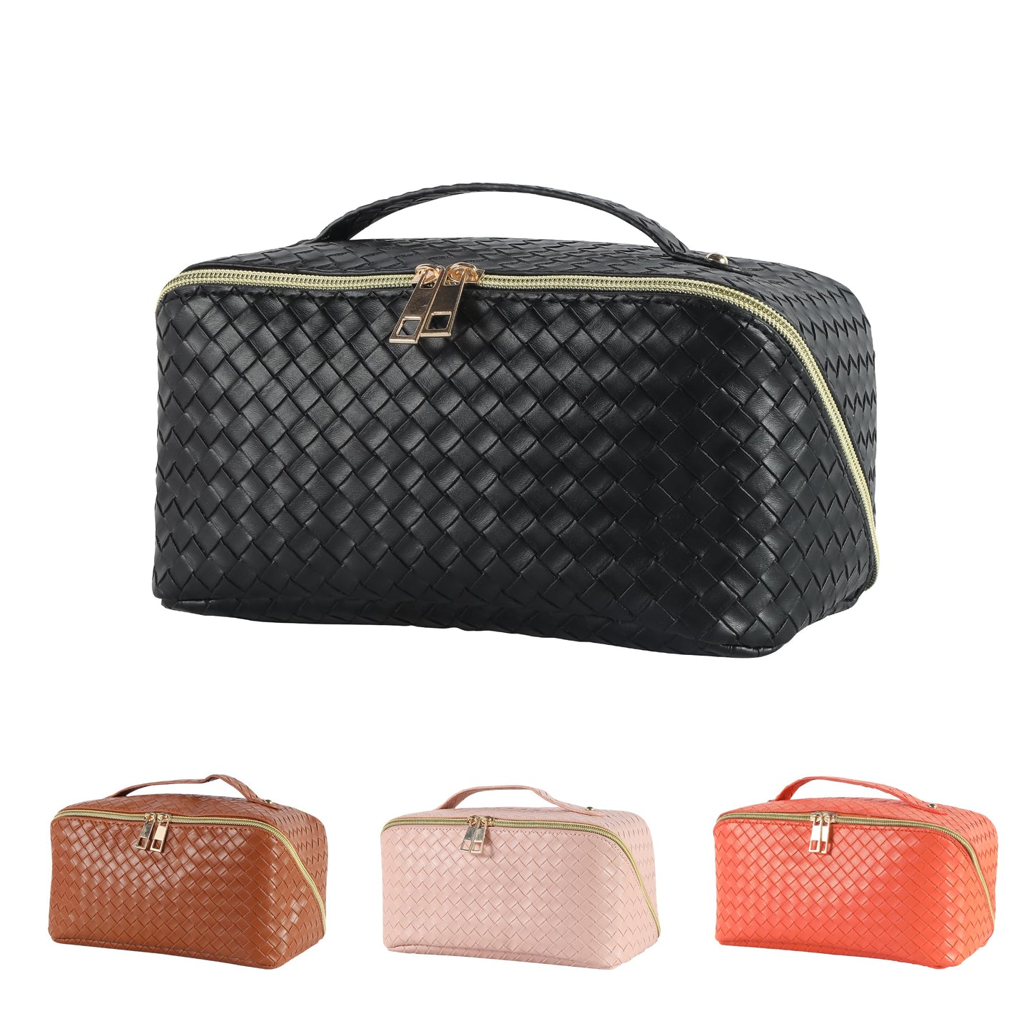 Mountain Land Large Capacity Travel Cosmetic Makeup Bag PU Leather Waterproof Women Portable Toiletries With Handle and Divider Flat Lay Organizer Woven Black