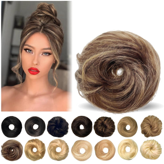 MINGATEC Human Hair Bun, Messy Bun Hair Piece 100% Human Hair, Messy Bun Hair Scrunchie Real Hair Bun Updo Hair Piece for Women Girls (Chocolate Brown Mixed Caramel Blonde)