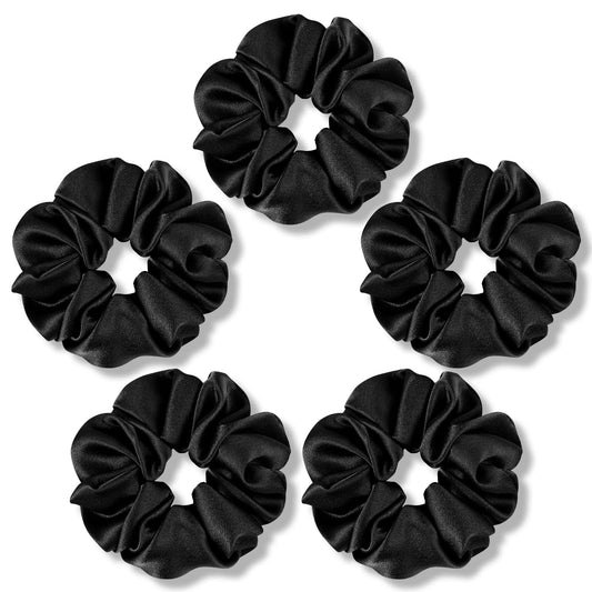 Fittia Silk Satin Hair Scrunchies for Women, Soft Silky Scrunchies for Hair with Elastics Band, 5 Pack, Black