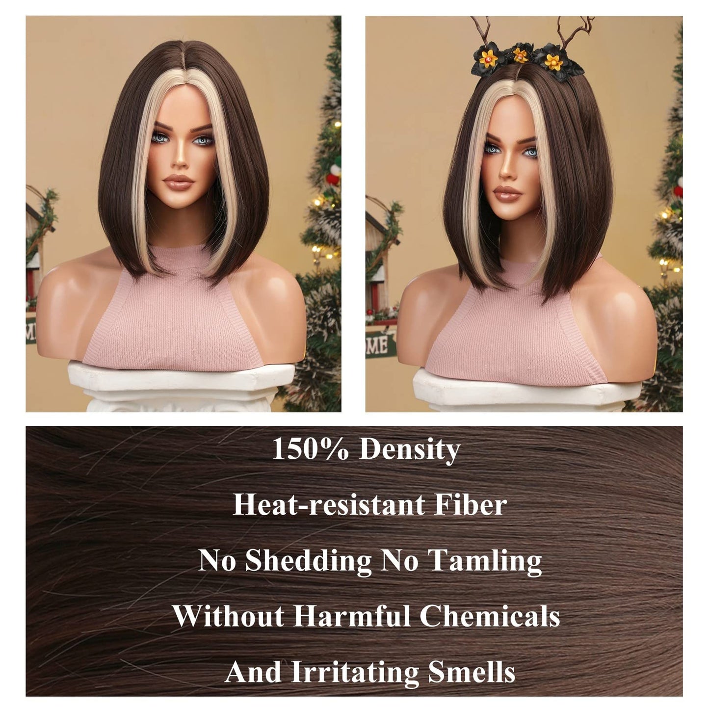 INSGOGO Mix Blonde Brown Short Bob Wigs for Women Heat Resistant Synthetic Colored Wig 150 Density Natural Middle Part Straight Wig for Cosplay Party(14 Inch)