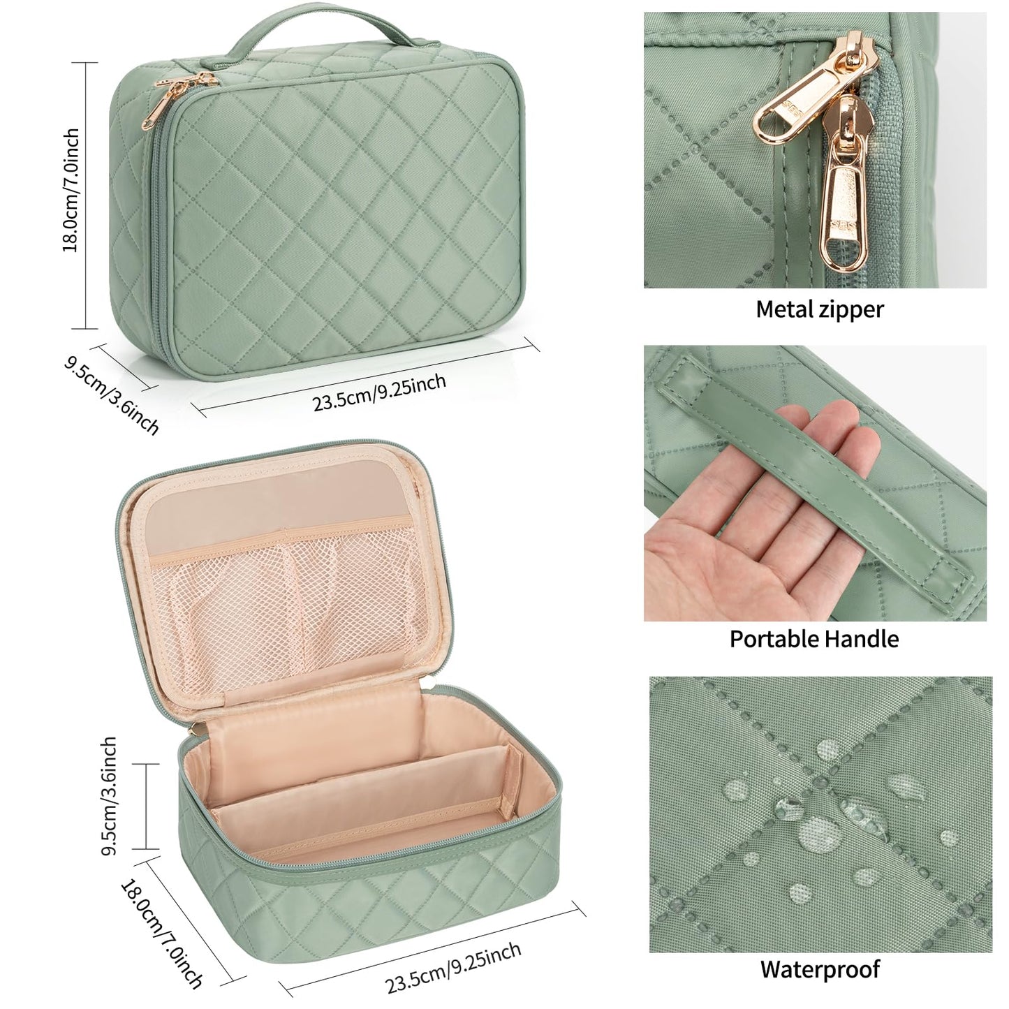 Makeup Bag, Potable Make up Bag Cute Makeup Organizer Bag for Toiletry Cosmetics Accessories with Divider and Brushes Compartments, Makeup Travel Case Cosmetic Bags Women and Girls- Nylon Green