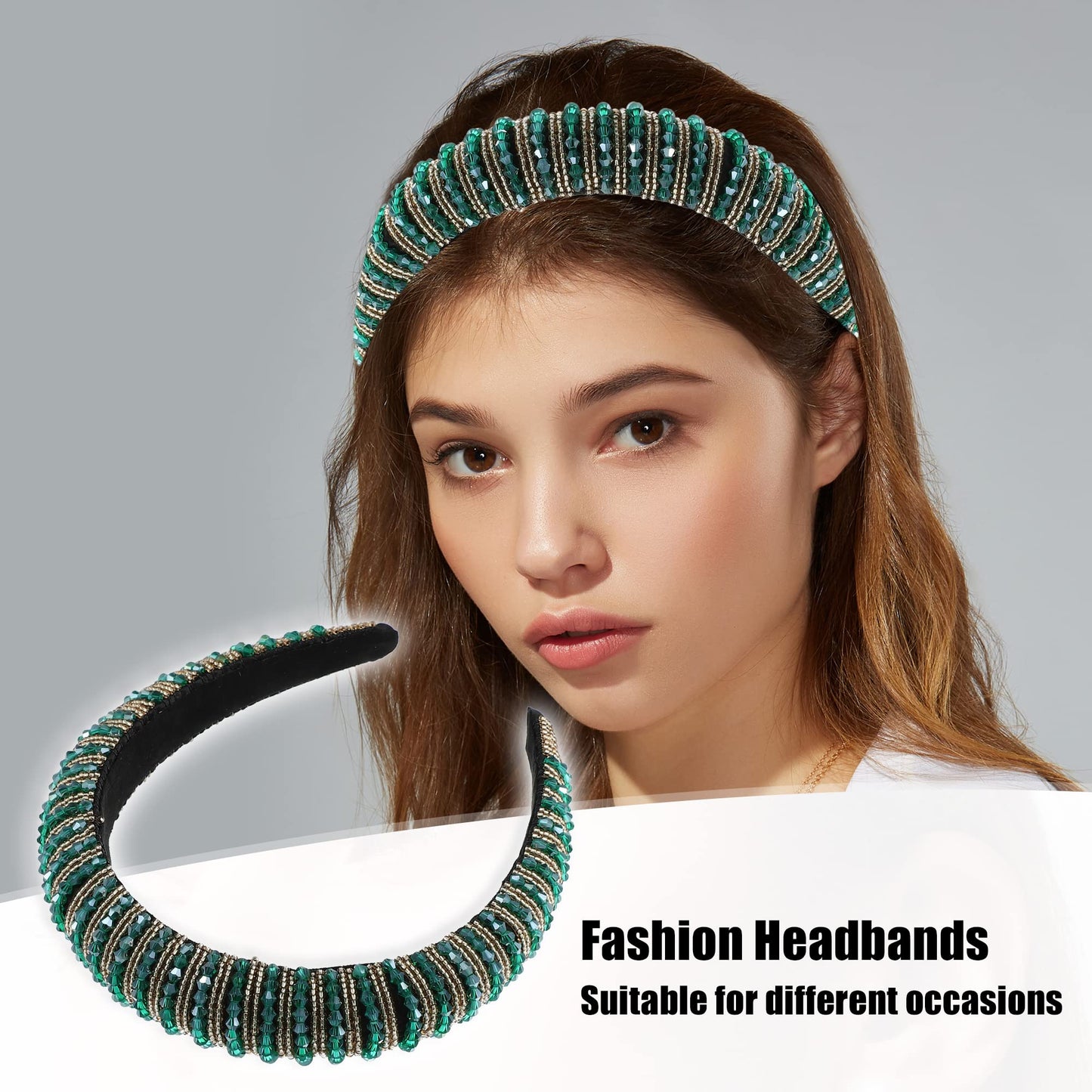 VOCOSTE Crystal Headband, Rhinestone Hairband for Women, Green, 1.2 Inch Wide