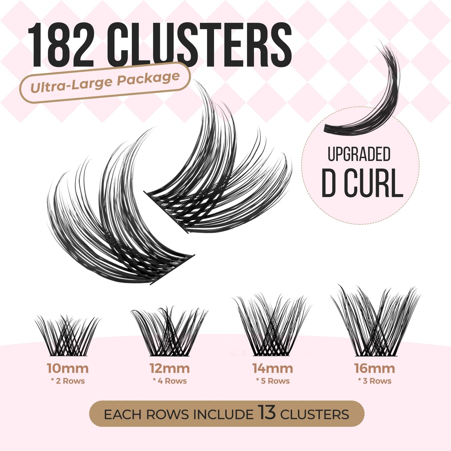 LASHVIEW Lash-Extension-Clusters 182pcs D Curl Lash Clusters Natural Look Cluster Lashes Extensions Super Thin Band & Soft Lashes Reusable 9-16mm MIX (C162)