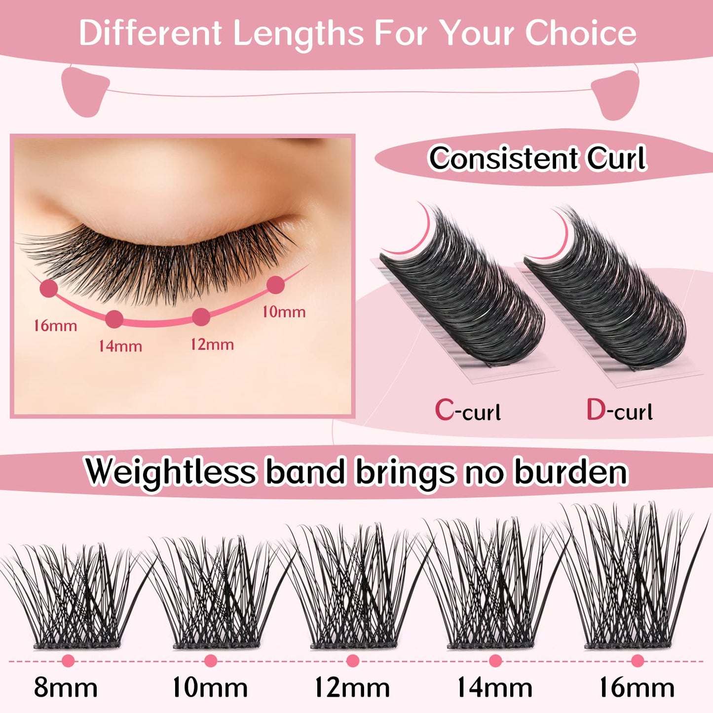 Cluster Lashes 72 Pcs Lash Clusters DIY Eyelash Extension Eyelash Clusters Individual Lashes C-8-16mix Thin Band Easy to Apply at home Lashes(First Glance,C-8-16mix)