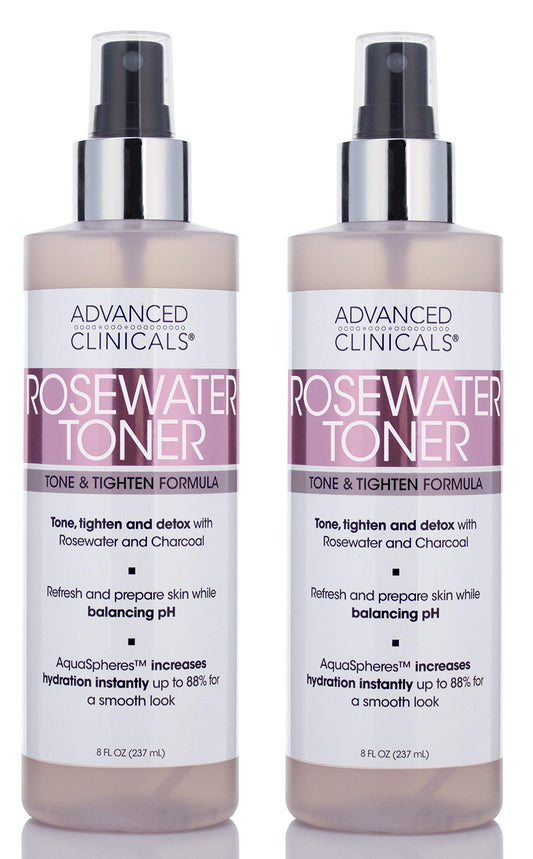 Advanced Clinicals Collagen + Rosewater Facial Mist Toner W/Charcoal & Aloe Vera. Alcohol-Free PH Balancing Formula Detoxifies & Hydrates Skin Improving Overall Skin Tone, Face Mist, 8 Fl Oz, 2-Pack