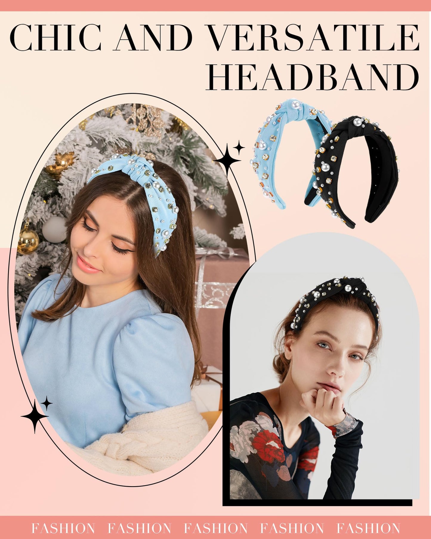 Riceshoot 4 Pcs Knotted Headbands with Pearl Rhinestone Crystal Jeweled Beaded Wide Top Headband Hairband for Women Ladies Girls Gift(Khaki, Pink, Light Blue, Black)