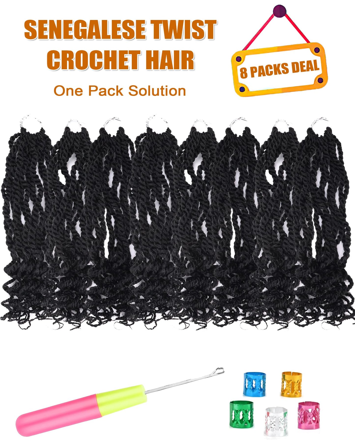 Senegalese Twist Crochet Hair 8 Inch Pre Looped Curly Ends 2 Packs Wavy Crochet Hair for Kids Short Crochet Braids with Curly Ends (8 Inch,1B)