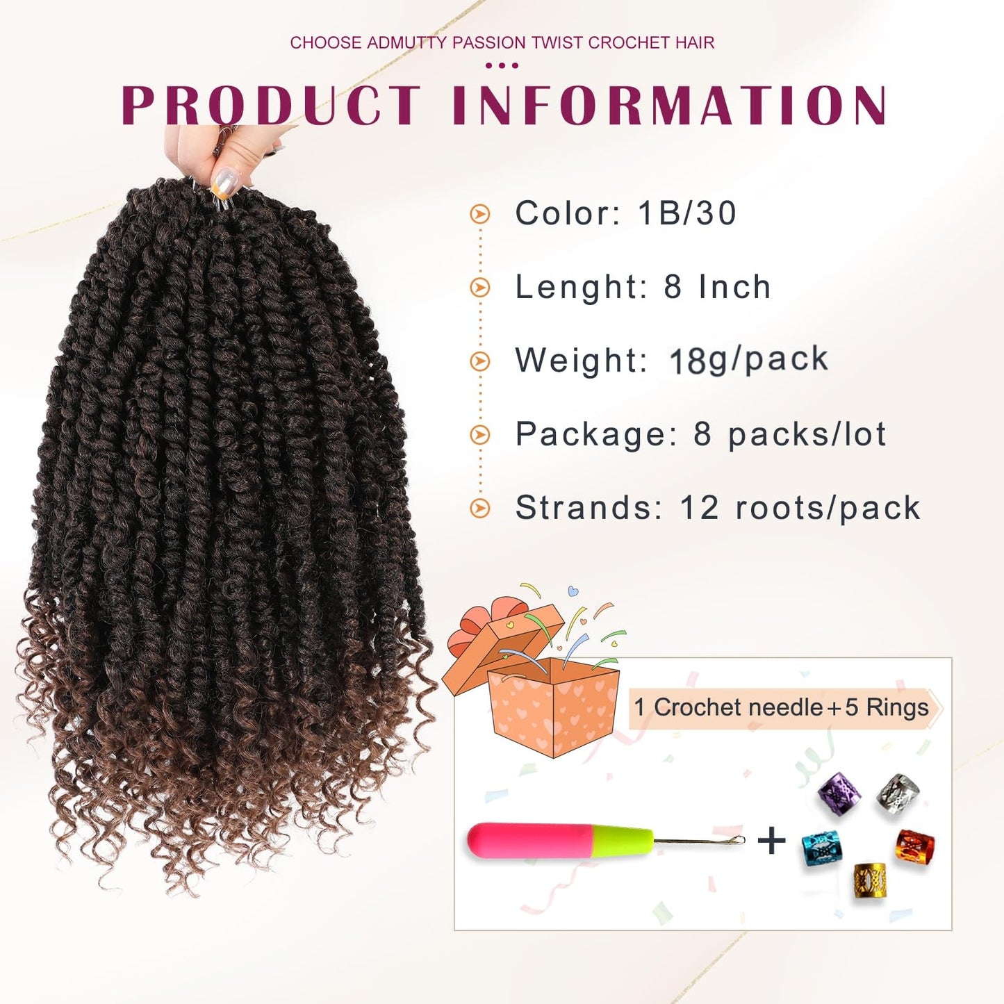 Passion Twist Crochet Hair,Passion Twist Hair 8 Inch,8 Packs Pre-twisted Passion Twist Hair,Short Passion Twist Crochet Braids,Pre Looped Crochet Hair for Black Women(T30)