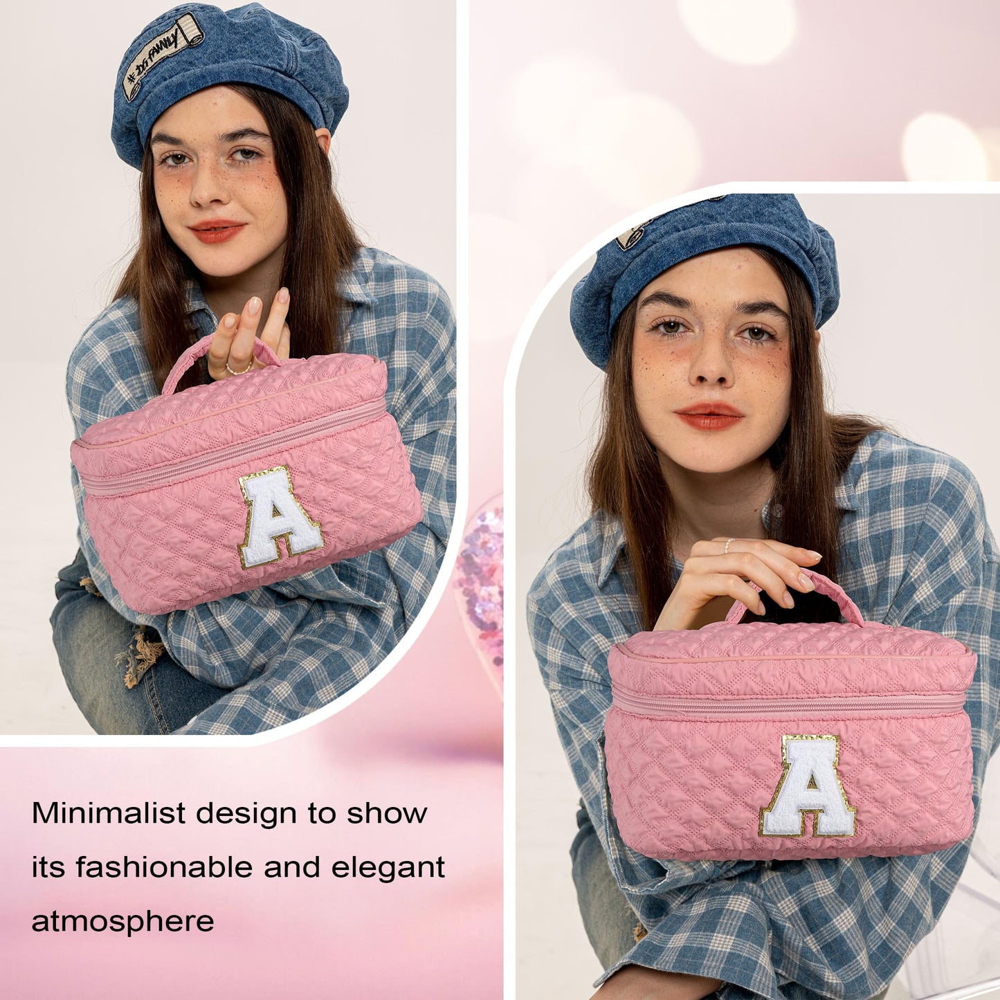 YOOLIFE Pink Checkered Cotton Makeup Bag - Monogram Travel Makeup Bag Cosmetic Bags for Women Teens Large Makeup Bag Bridesmaid Proposal Gifts for Women Girlfriend Daughter Sister Her Gifts Letter U