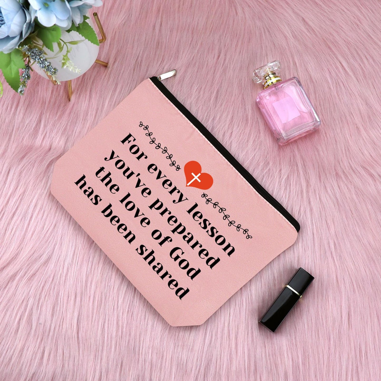 Sunday School Teacher Gift Makeup Bag Religious Gift for Women Teacher Appreciation Gift Cosmetic Bag Christian Gift for Her Funny Birthday Gift Thanksgiving Graduation Gift Travel Pouch（Pink）