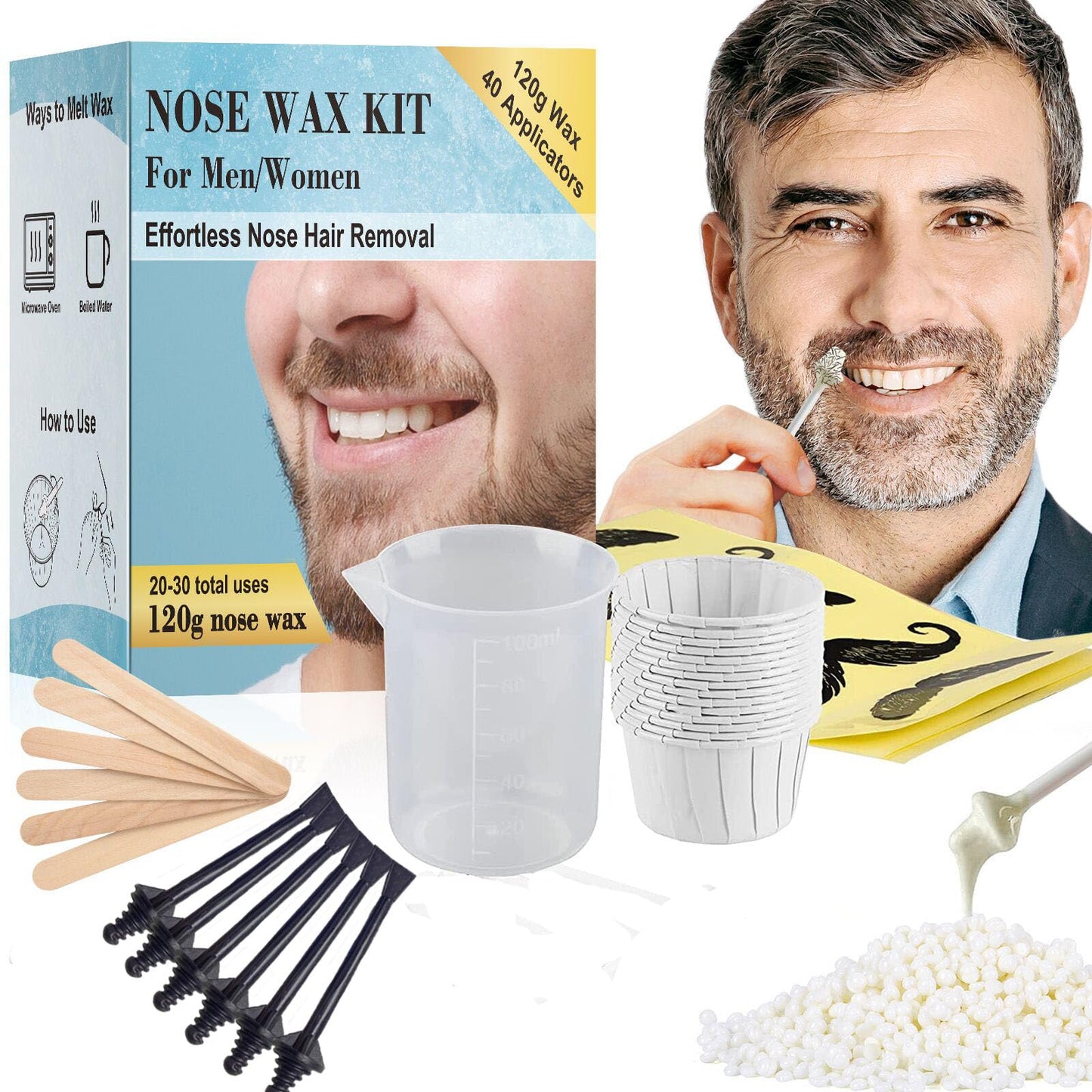 120g Nose Wax Kit for Men and Women, Nose Waxing with 30 Black Applicators，20 Mustache Guards, 20pcs Paper Cup, 10pcs wooden sticks - Nose Hair Wax Painless Nose Hair Removal at Least 20 Times Usage