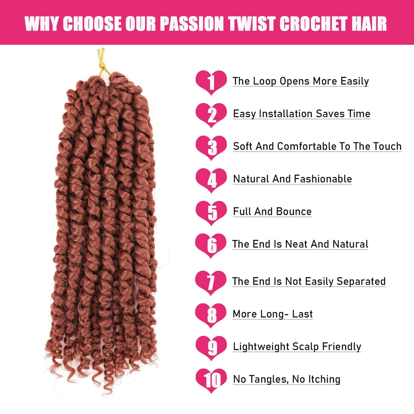 Copper Red Passion Twist Crochet Hair 10 Inch 9 Packs Pre-twisted Passion Twist Hair Pre Looped Crochet Hair for Black Women Bohemian Short Crochet Passion Twist Hair for Kids and Girls (10 Inch,350)