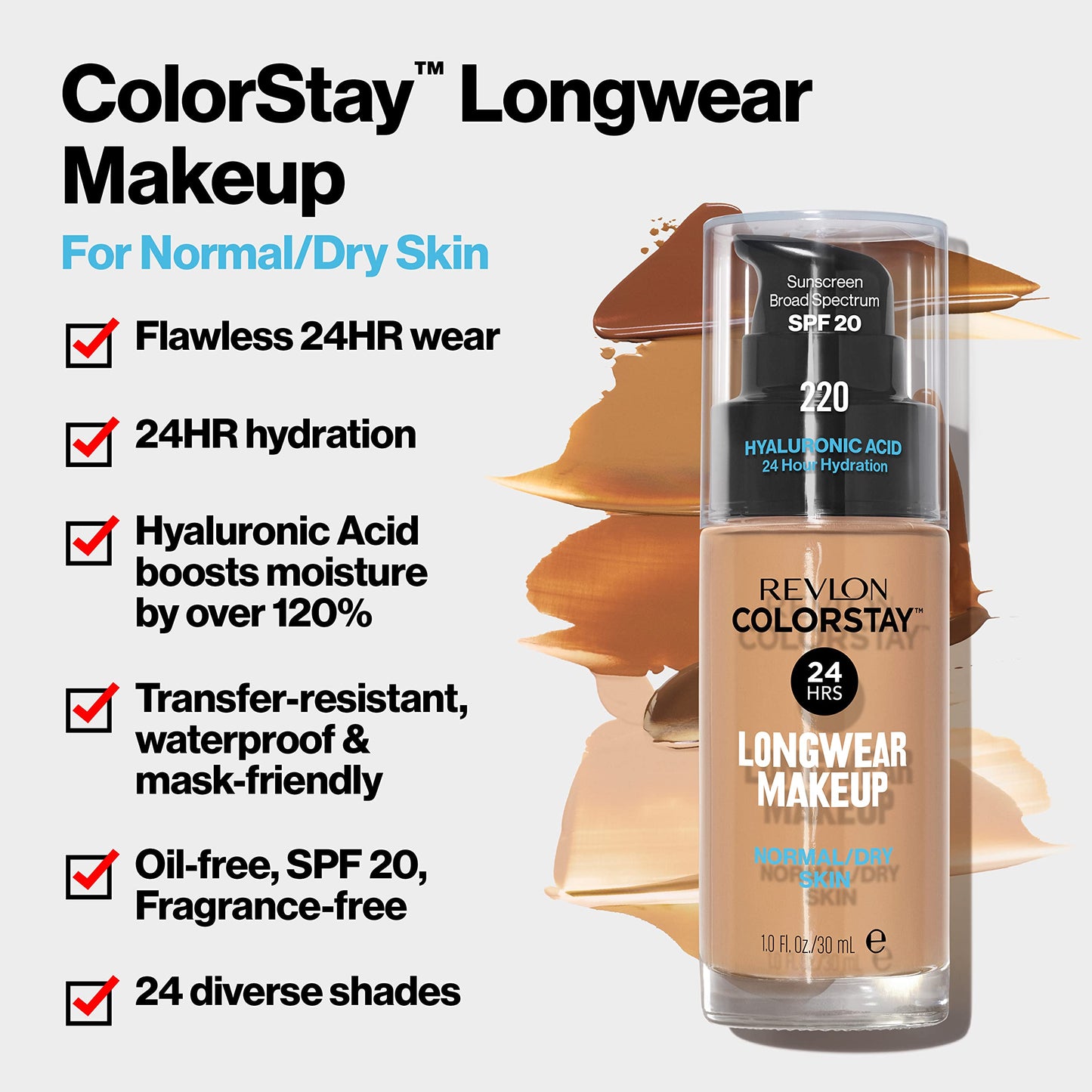 Revlon Liquid Foundation, ColorStay Face Makeup for Normal & Dry Skin, SPF 20, Longwear Medium-Full Coverage with Natural Finish, Oil Free, 295 Dune, 1 Fl Oz