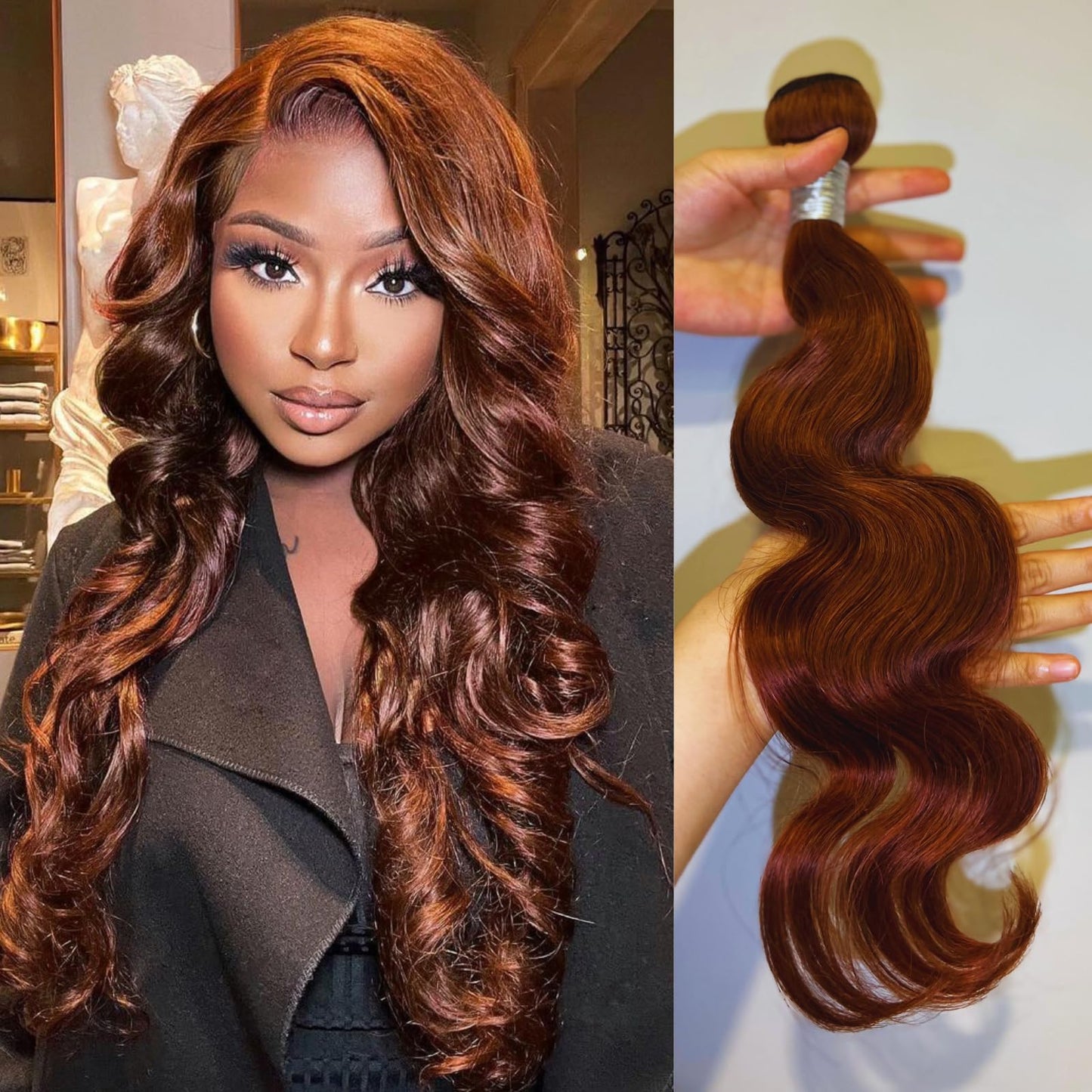 ALHER Reddish Brown Bundles Body Wave Bundles Human Hair Red Brown Colored 10A Brazilian Virgin Remy Wavy Hair Bundles Auburn Brown Copper Red Soft Thick Sew In Hair Weave Bundle 33B Color 22 Inch