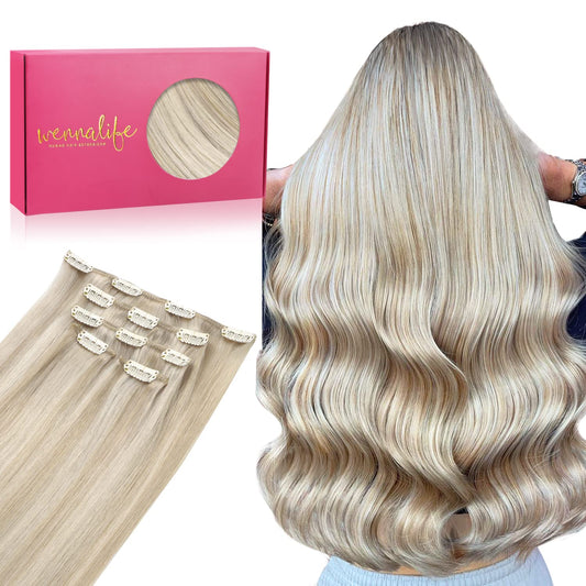 WENNALIFE Clip in Human Hair Extensions 75g 5pcs 16 Inch, Remy Clip in Hair Extensions Real Human Hair Ash Blonde Highlighted Platinum Blonde Virgin Human Hair Clip Ins Extensiones De Cabello Humano