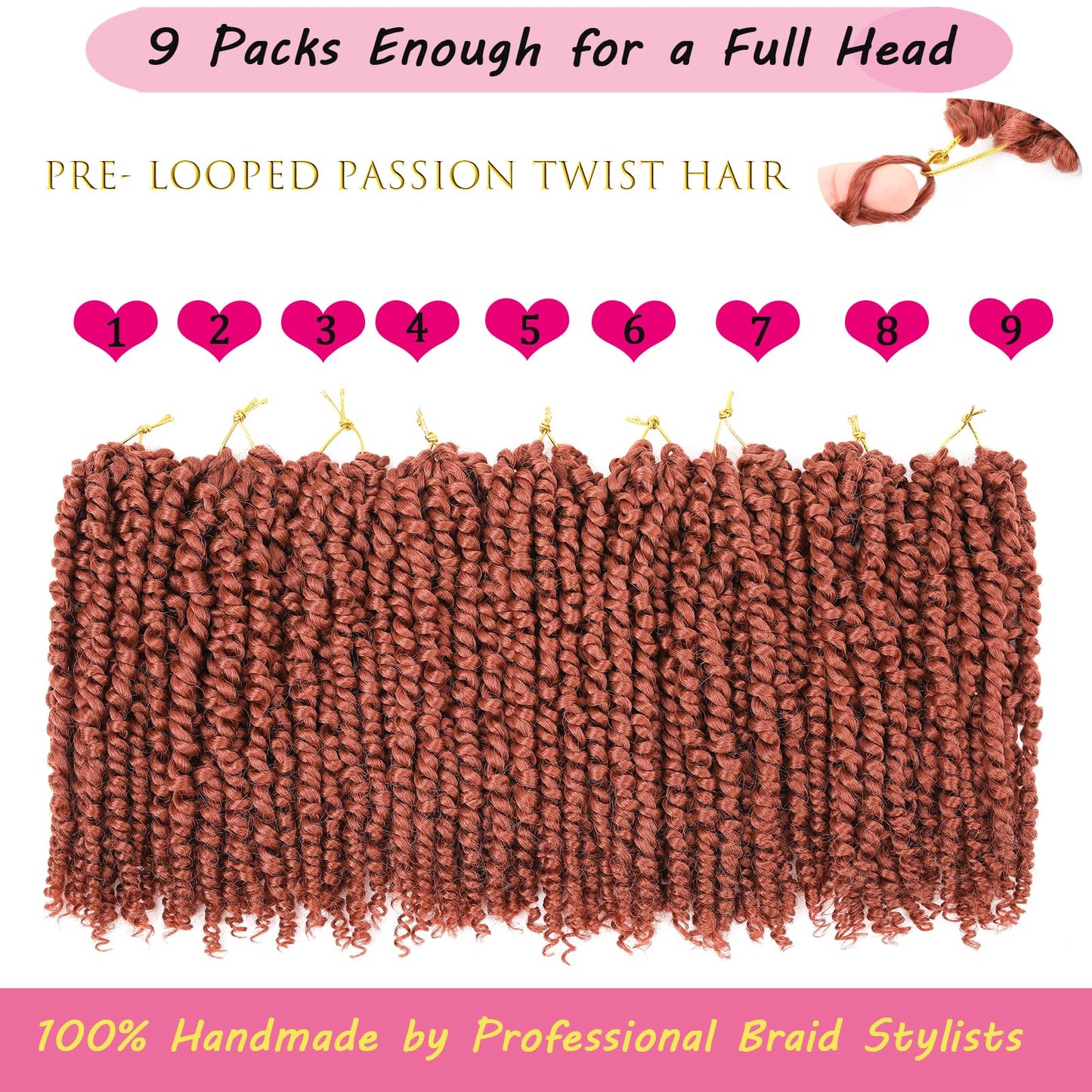 Copper Red Passion Twist Crochet Hair 10 Inch 9 Packs Pre-twisted Passion Twist Hair Pre Looped Crochet Hair for Black Women Bohemian Short Crochet Passion Twist Hair for Kids and Girls (10 Inch,350)